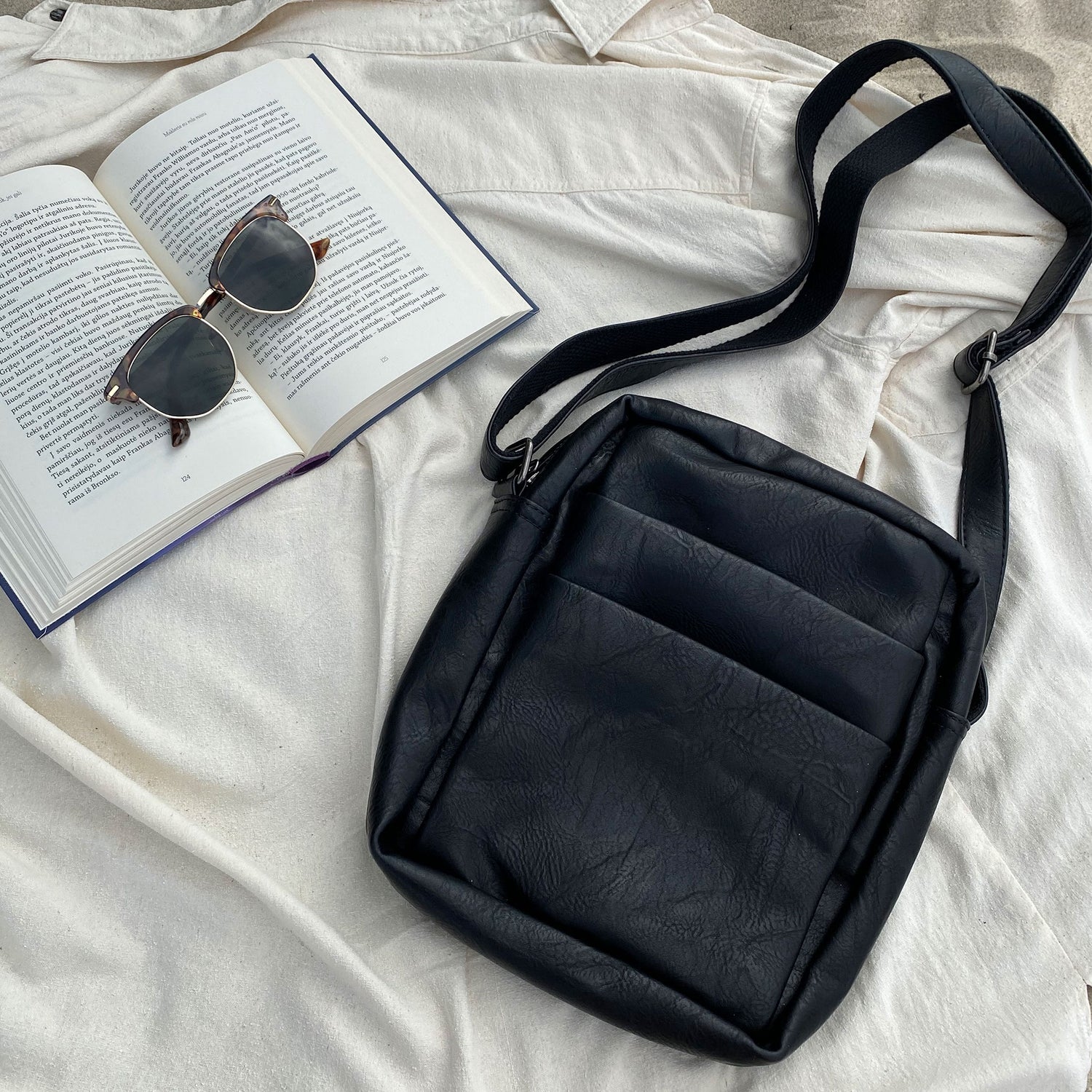 bagular crossbbody bag for men. Black shoulder bag made from faux vegan leather. Soft, lightweight and durable bag, gift for him