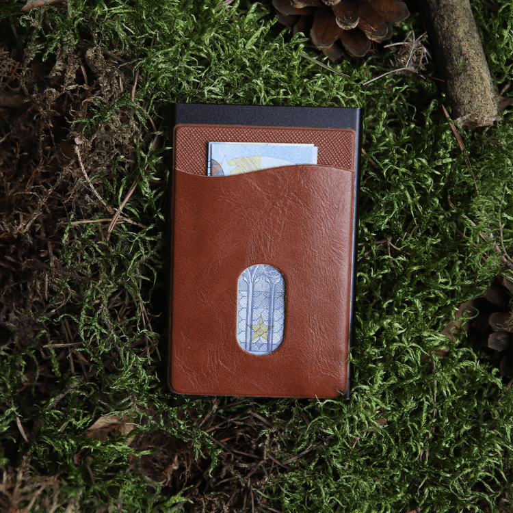 Brown RFID card holder with a cash pocket, Aluminium business card holder, slim wallet, men's wallet, women's wallet