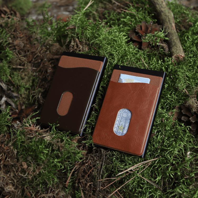 Brown RFID card holder with a cash pocket, Aluminium business card holder, slim wallet, men's wallet, women's wallet