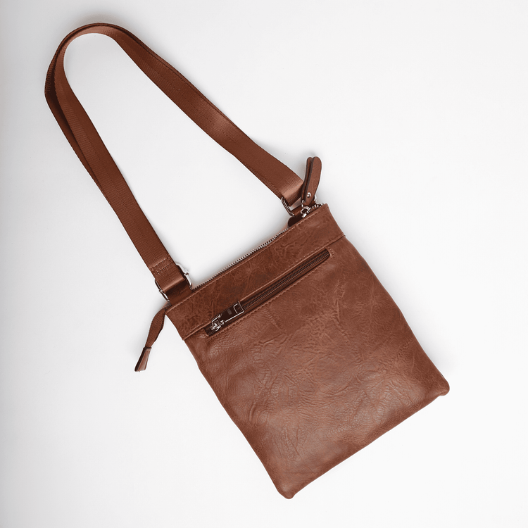 bagular crossbbody bag for men. Brown shoulder bag made from faux vegan leather. Soft, lightweight and durable bag, gift for him