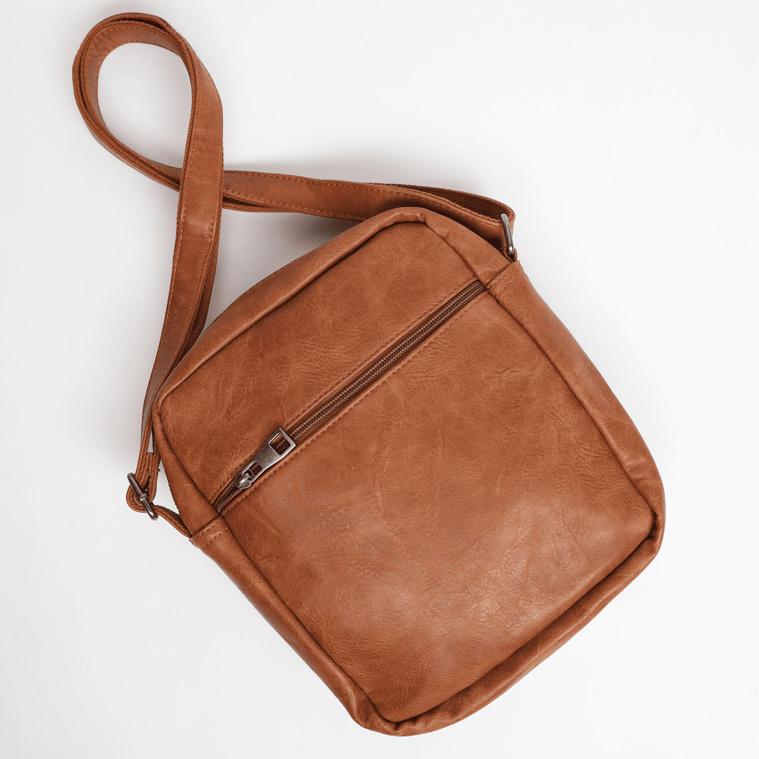 bagular crossbbody bag for men. Brown shoulder bag made from faux vegan leather. Soft, lightweight and durable bag, gift for him