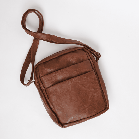 bagular crossbbody bag for men. Coffee brown shoulder bag made from faux vegan leather. Soft, lightweight and durable bag, gift for him