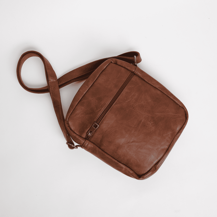 bagular crossbbody bag for men. Coffee brown shoulder bag made from faux vegan leather. Soft, lightweight and durable bag, gift for him