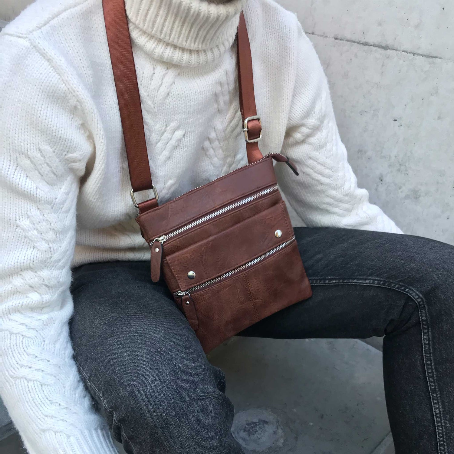 bagular crossbbody bag for men. Brown shoulder bag made from faux vegan leather. Soft, lightweight and durable bag, gift for him