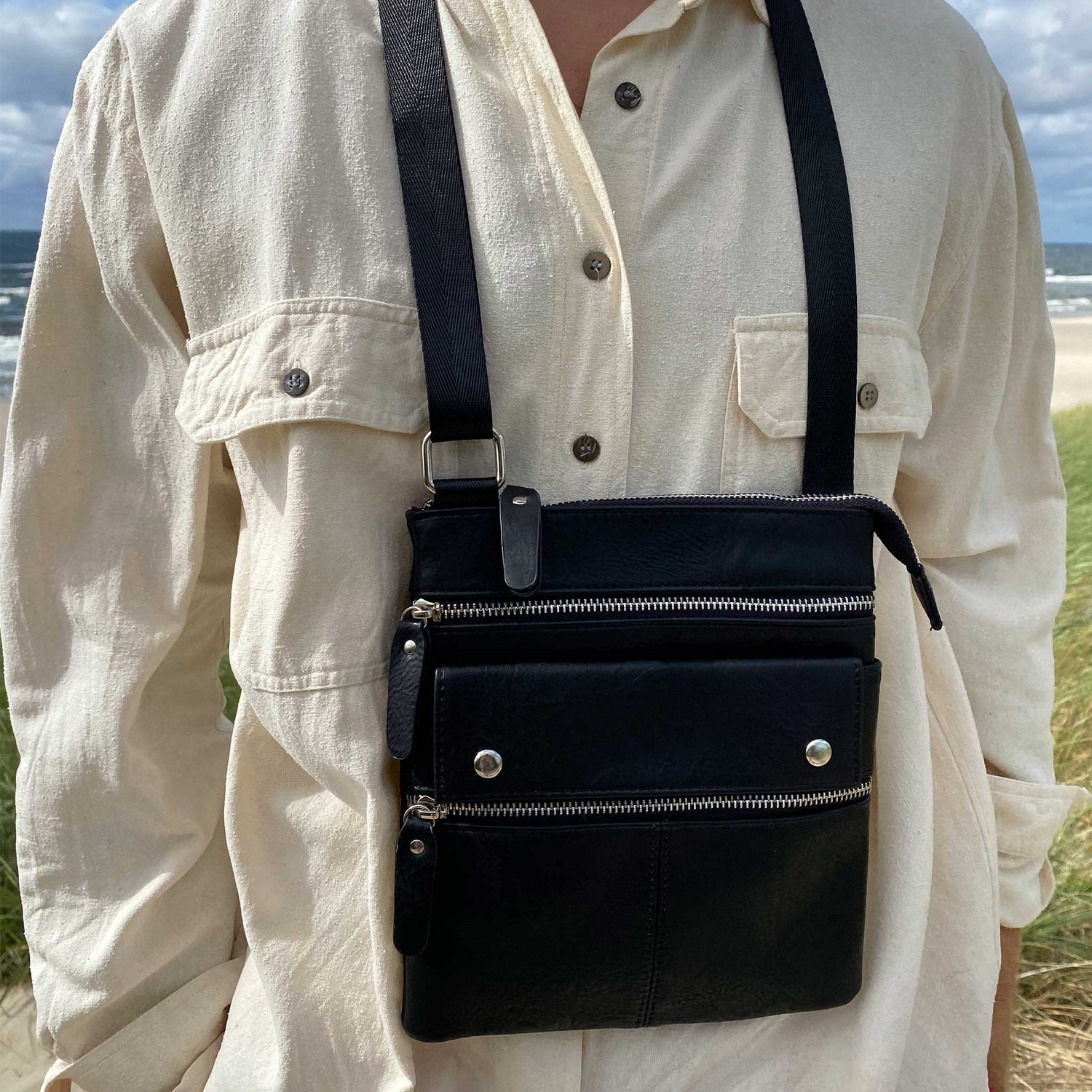  bagular crossbbody bag for men. Black shoulder bag made from faux vegan leather. soft, lightweight and durable bag, gift for him