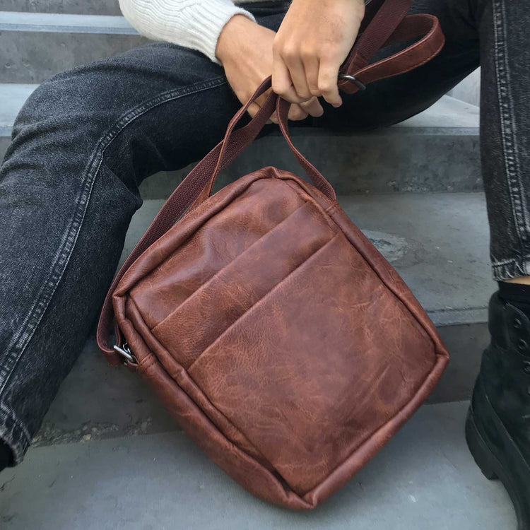 bagular crossbbody bag for men. Coffee brown shoulder bag made from faux vegan leather. Soft, lightweight and durable bag, gift for him